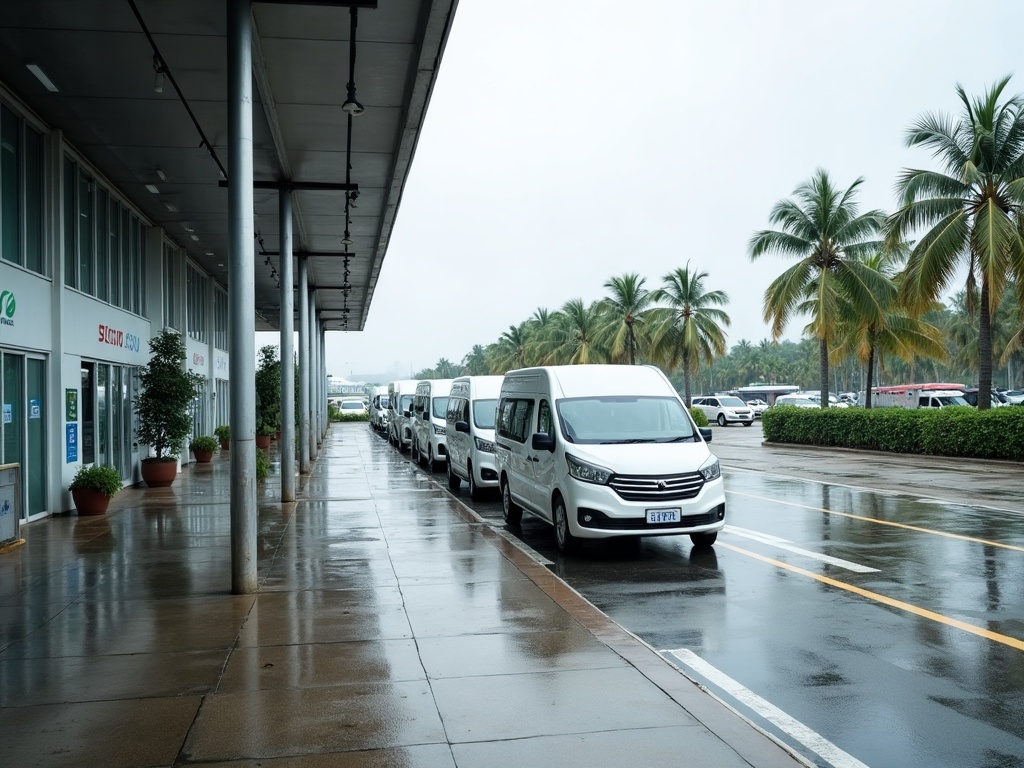 Row of clean white minivans and SUVs waiting in marked bays under a covered kerbside canopy at a small regional airport