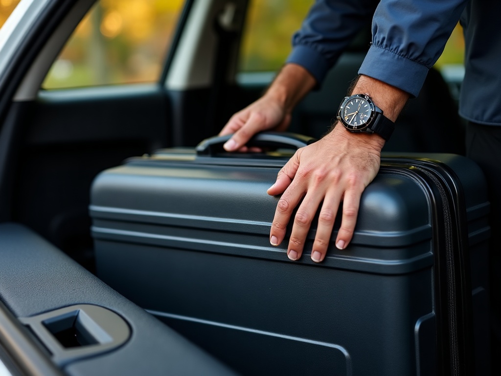 Hands sliding a hard-shell suitcase into a vehicle luggage bay with the rear seat row folded down