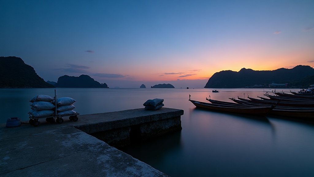 Concrete pier at dusk in Labuan Bajo with luggage trolleys and dry bags beside moored wooden tenders, karst islands on the horizon